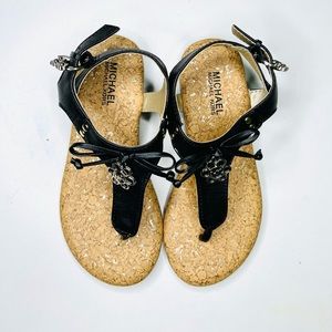 Michael Kors Tilly Flora Flower Charm Sandals Black Size 11 T-Strap